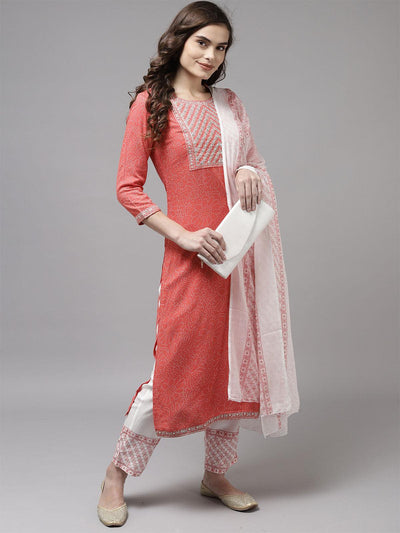 Coral Embroidered Straight Kurta Trouser With Dupatta Set - Odette
