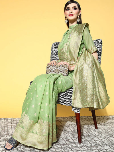 Cotton Blend Green Woven Design Saree With Blouse Piece - Odette