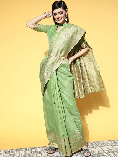 Cotton Blend Green Woven Design Saree With Blouse Piece - Odette
