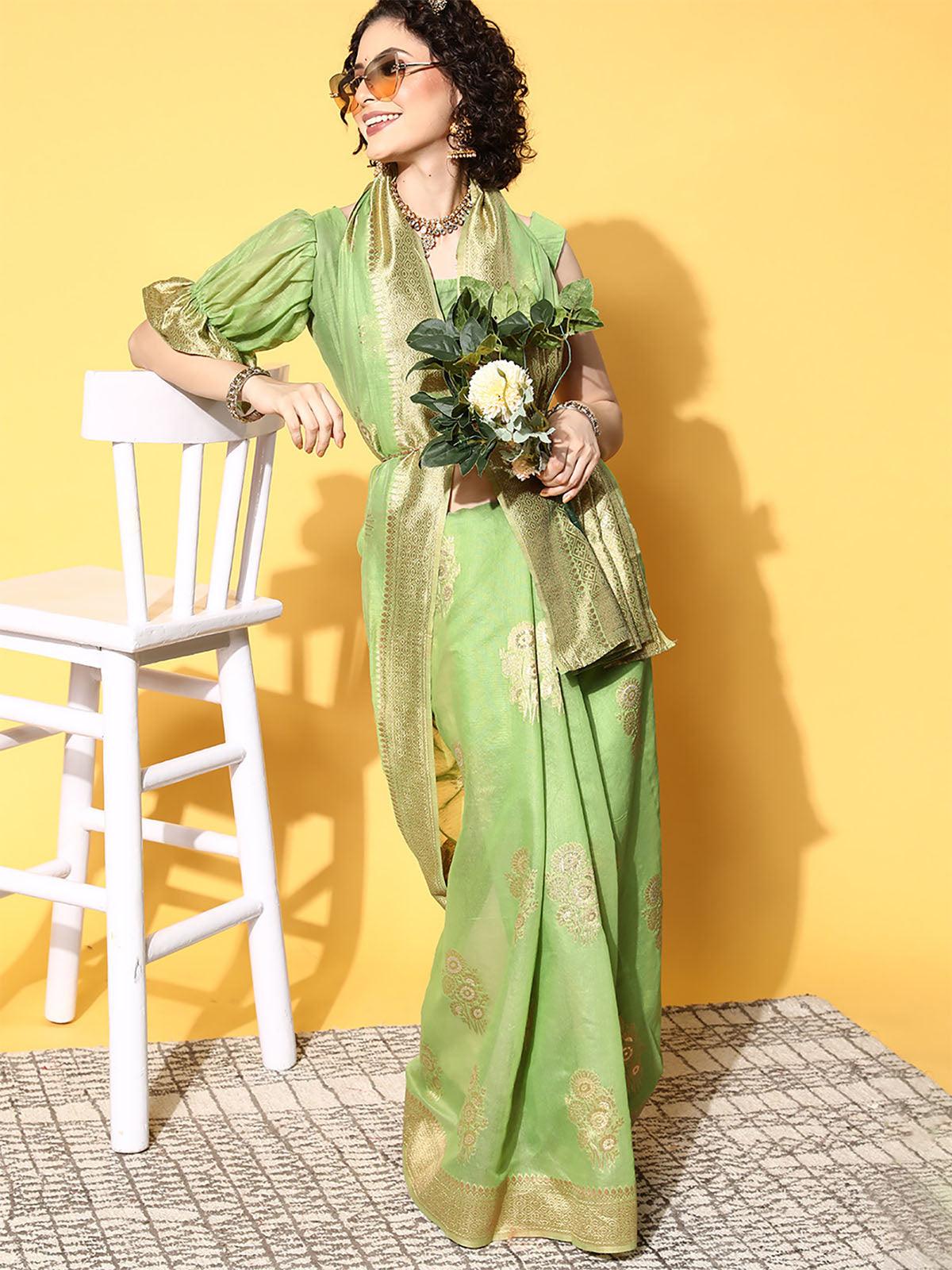 Cotton Blend Green Woven Designer Saree With Blouse Piece - Odette