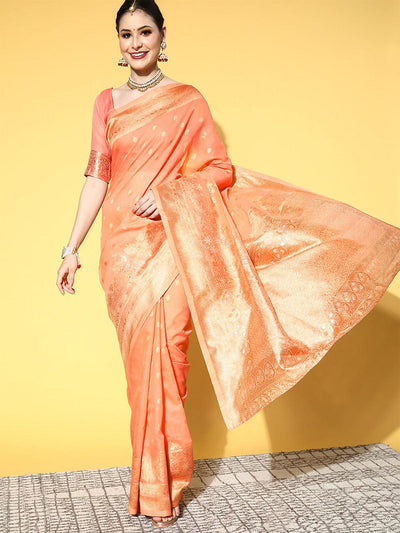 Cotton Blend Peach Woven Design Saree With Blouse Piece - Odette