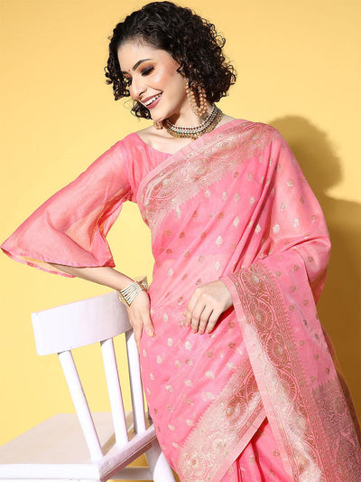 Cotton Blend Pink Woven Design Saree With Blouse Piece - Odette