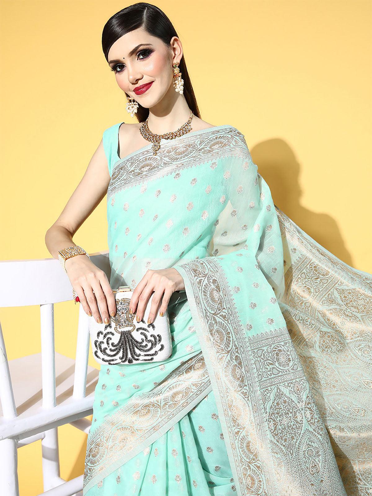 Cotton Blend Turquoise Woven Design Saree With Blouse Piece - Odette