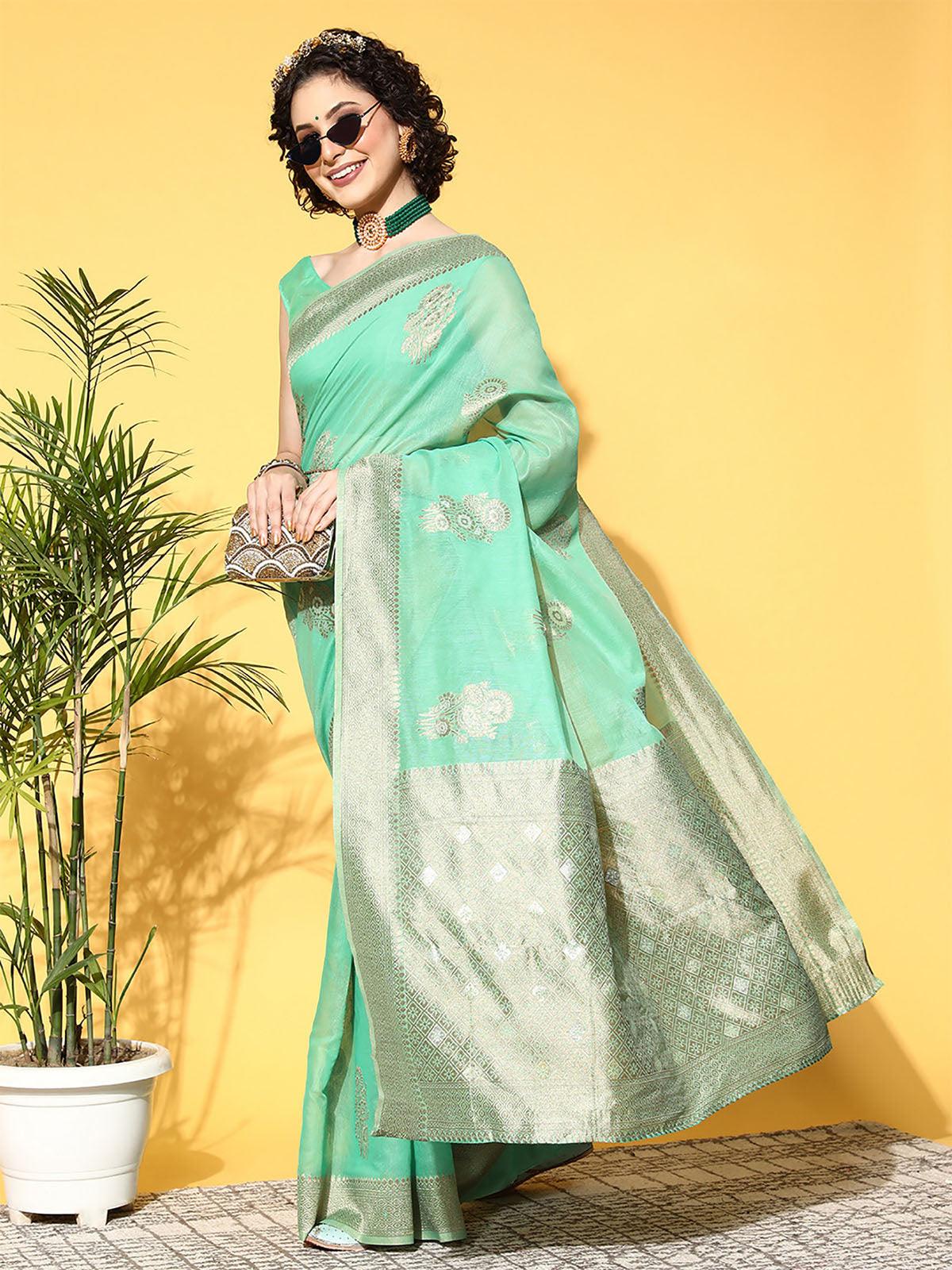 Cotton Blend Turquoise Woven Designer Saree With Blouse Piece - Odette