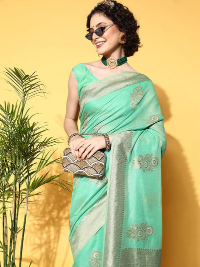 Cotton Blend Turquoise Woven Designer Saree With Blouse Piece - Odette