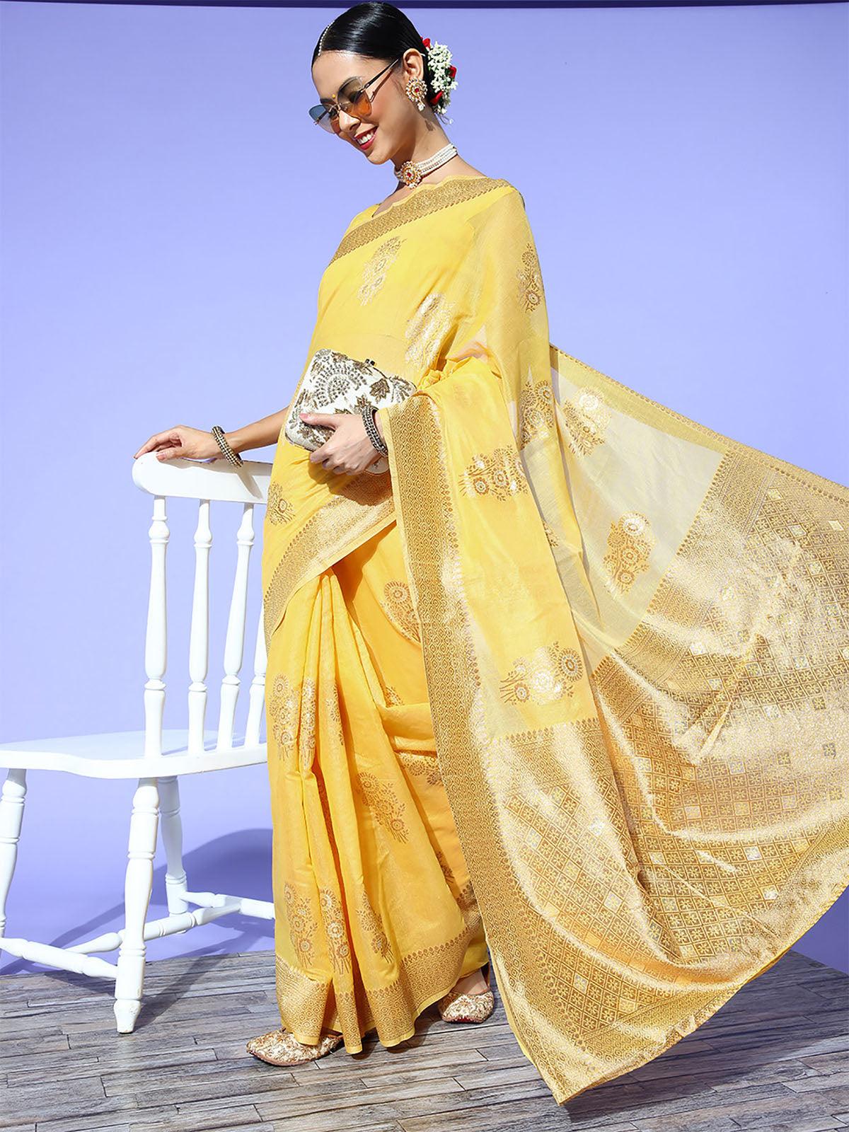 Cotton Blend Yellow Woven Designer Saree With Blouse Piece - Odette