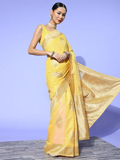 Cotton Blend Yellow Woven Designer Saree With Blouse Piece - Odette
