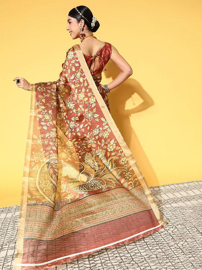 Cotton Linen Brown Printed Saree With Blouse Piece - Odette