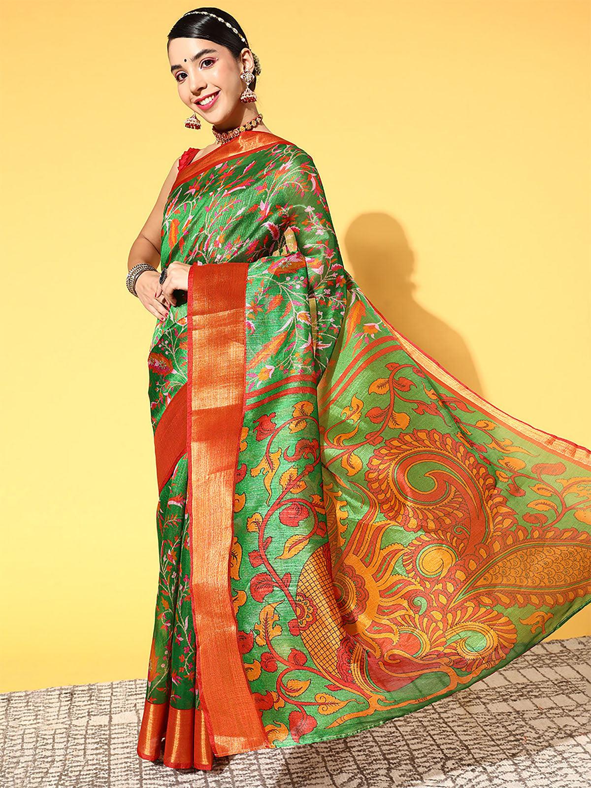 Cotton Linen Green Printed Designer Saree With Blouse Piece - Odette