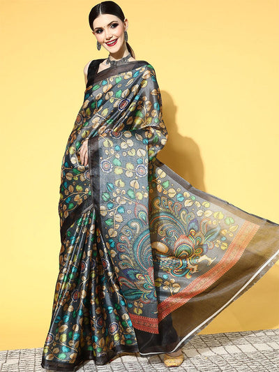 Cotton Linen Grey Printed Saree With Blouse Piece - Odette