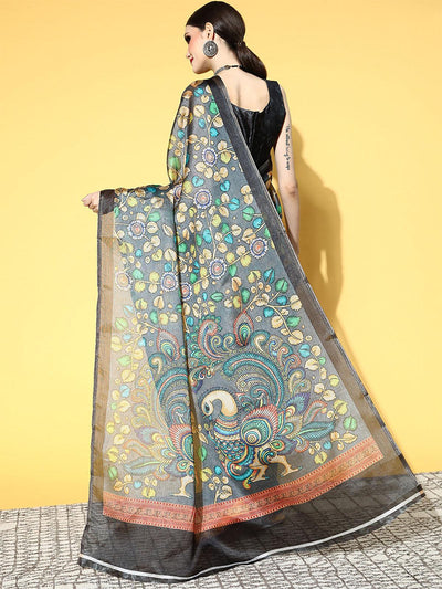 Cotton Linen Grey Printed Saree With Blouse Piece - Odette