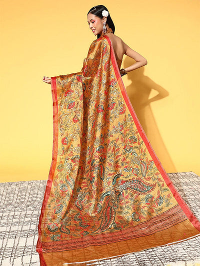 Cotton Linen mustard Printed Saree With Blouse Piece - Odette