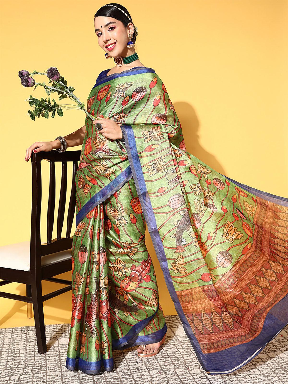 Cotton Linen Olive Printed Saree With Blouse Piece - Odette