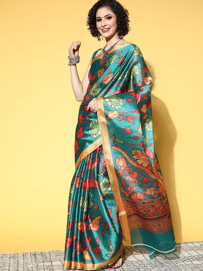 Cotton Linen Teal blue Printed Saree With Blouse Piece - Odette