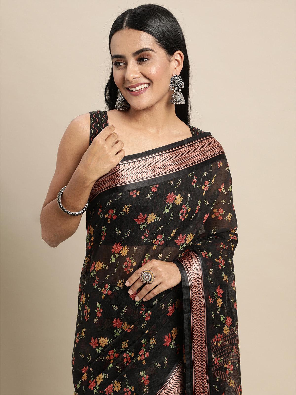 Cotton Silk Black Printed Saree With Blouse Piece - Odette
