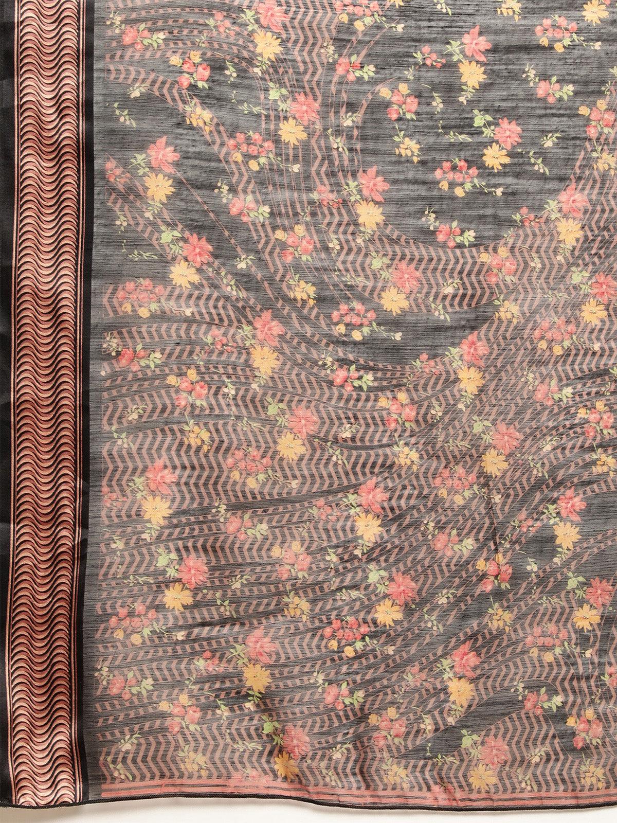 Cotton Silk Black Printed Saree With Blouse Piece - Odette