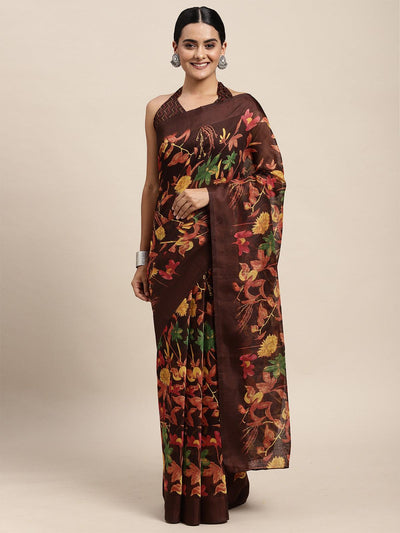 Cotton Silk Brown Printed Saree With Blouse Piece - Odette