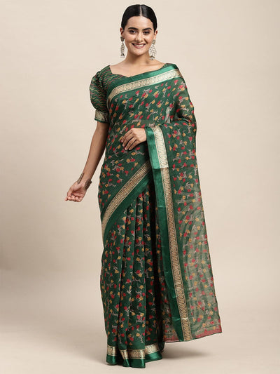 Cotton Silk Green Printed Saree With Blouse Piece - Odette
