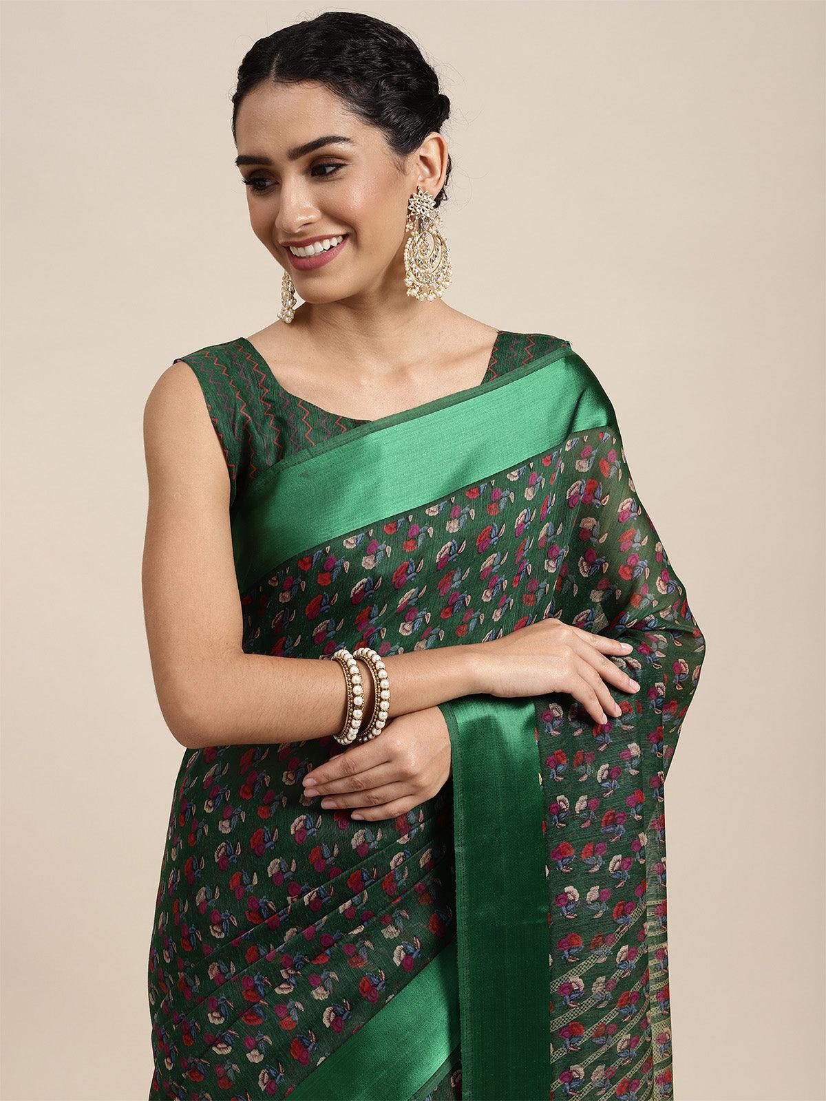 Cotton Silk Green Printed Saree With Blouse Piece - Odette