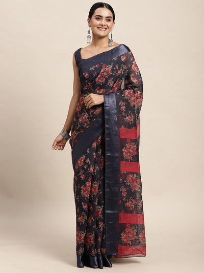 Cotton Silk Grey Printed Saree With Blouse Piece - Odette