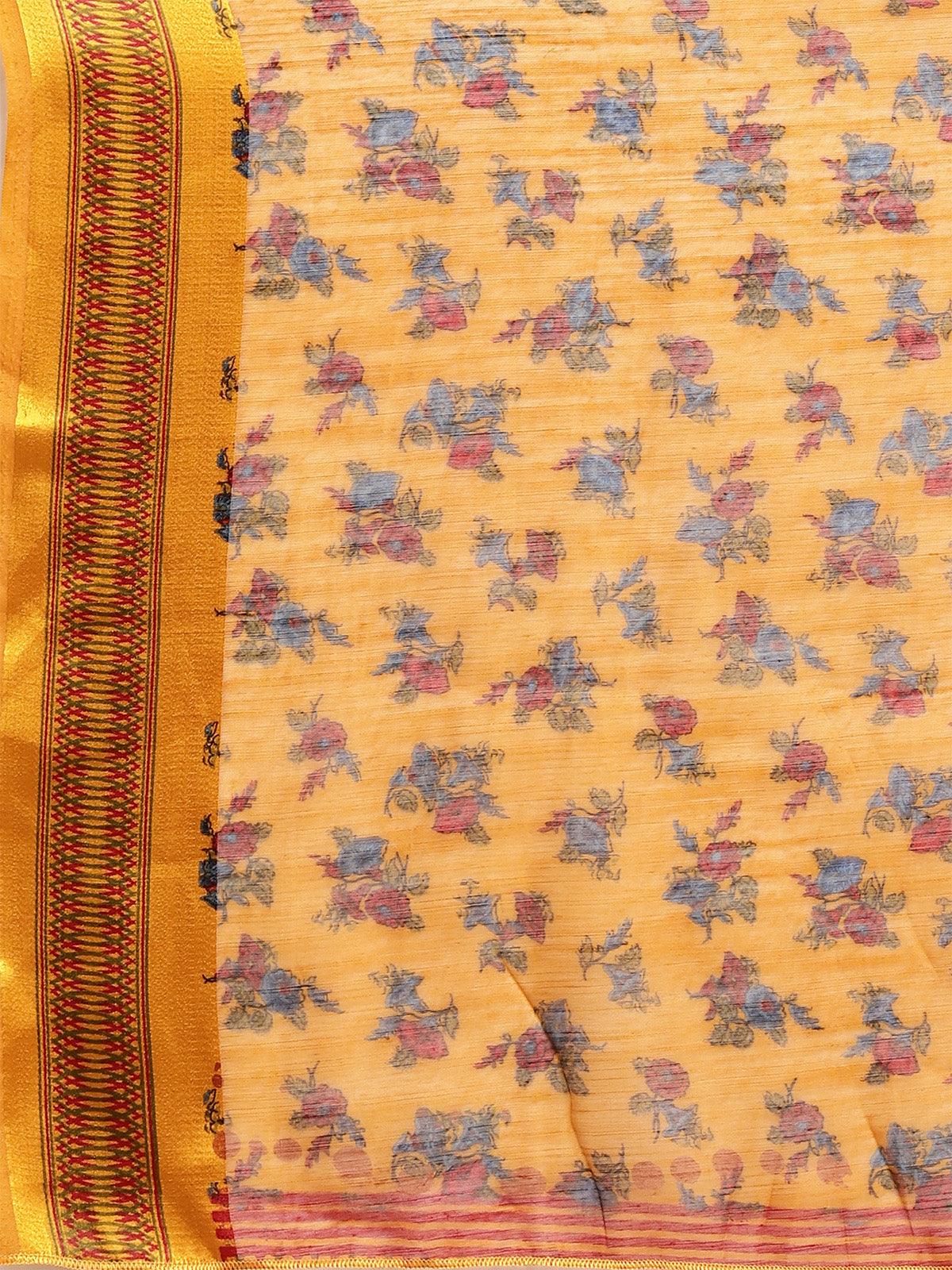 Cotton Silk Mustard Printed Saree With Blouse Piece - Odette