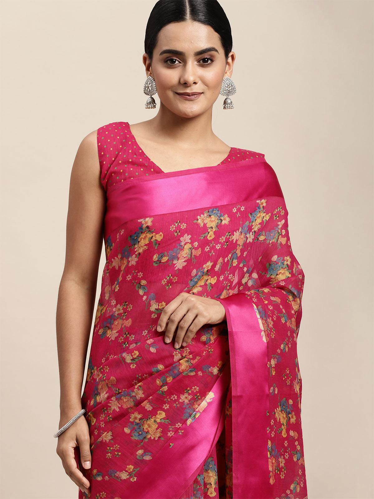Cotton Silk Pink Printed Saree With Blouse Piece - Odette