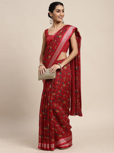 Cotton Silk Red Printed Saree With Blouse Piece - Odette