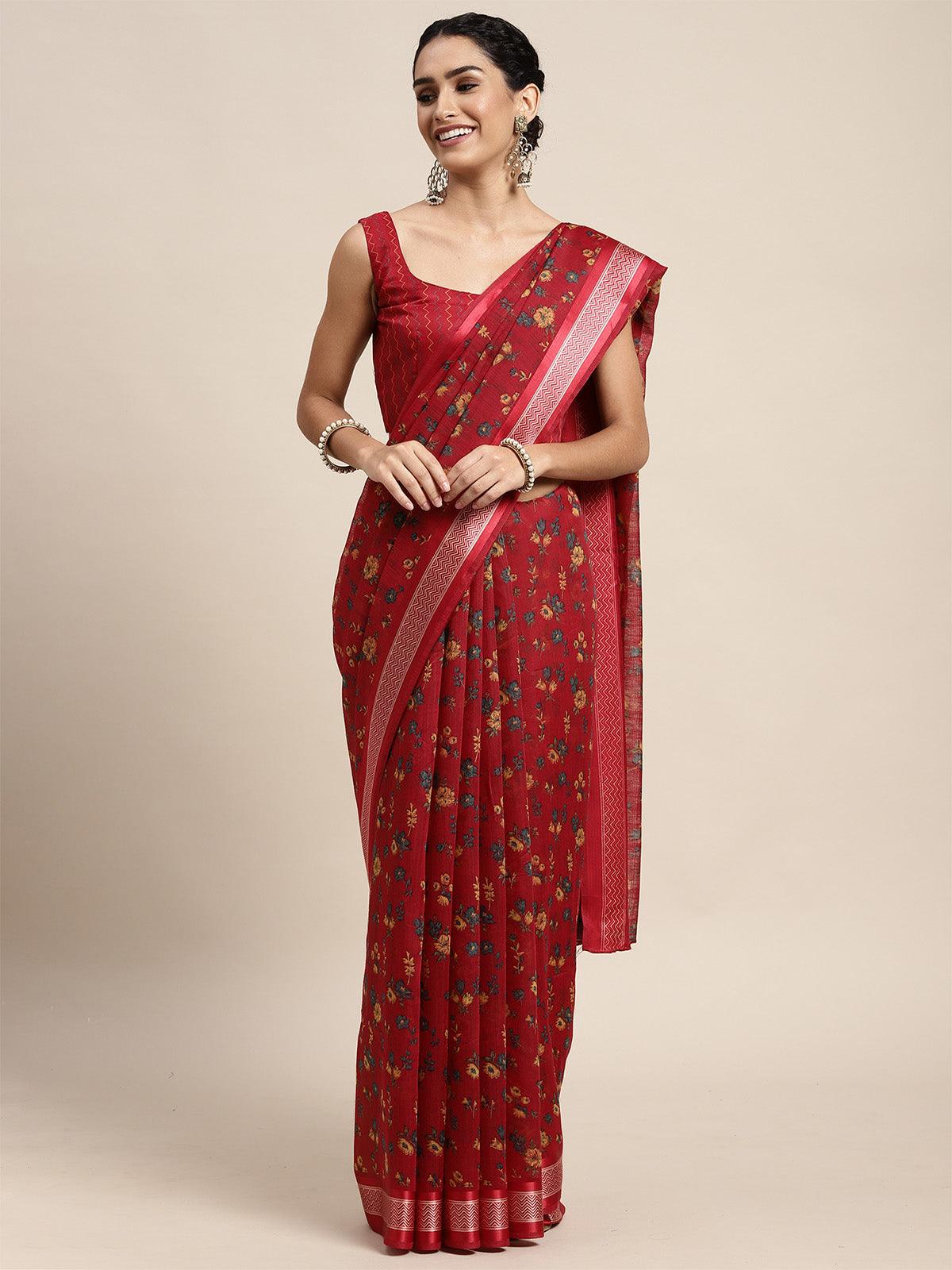 Cotton Silk Red Printed Saree With Blouse Piece - Odette