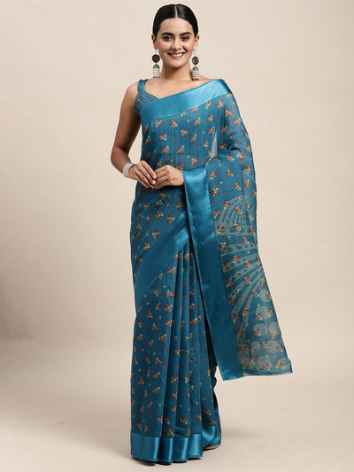 Cotton Silk Teal blue Printed Saree With Blouse Piece - Odette