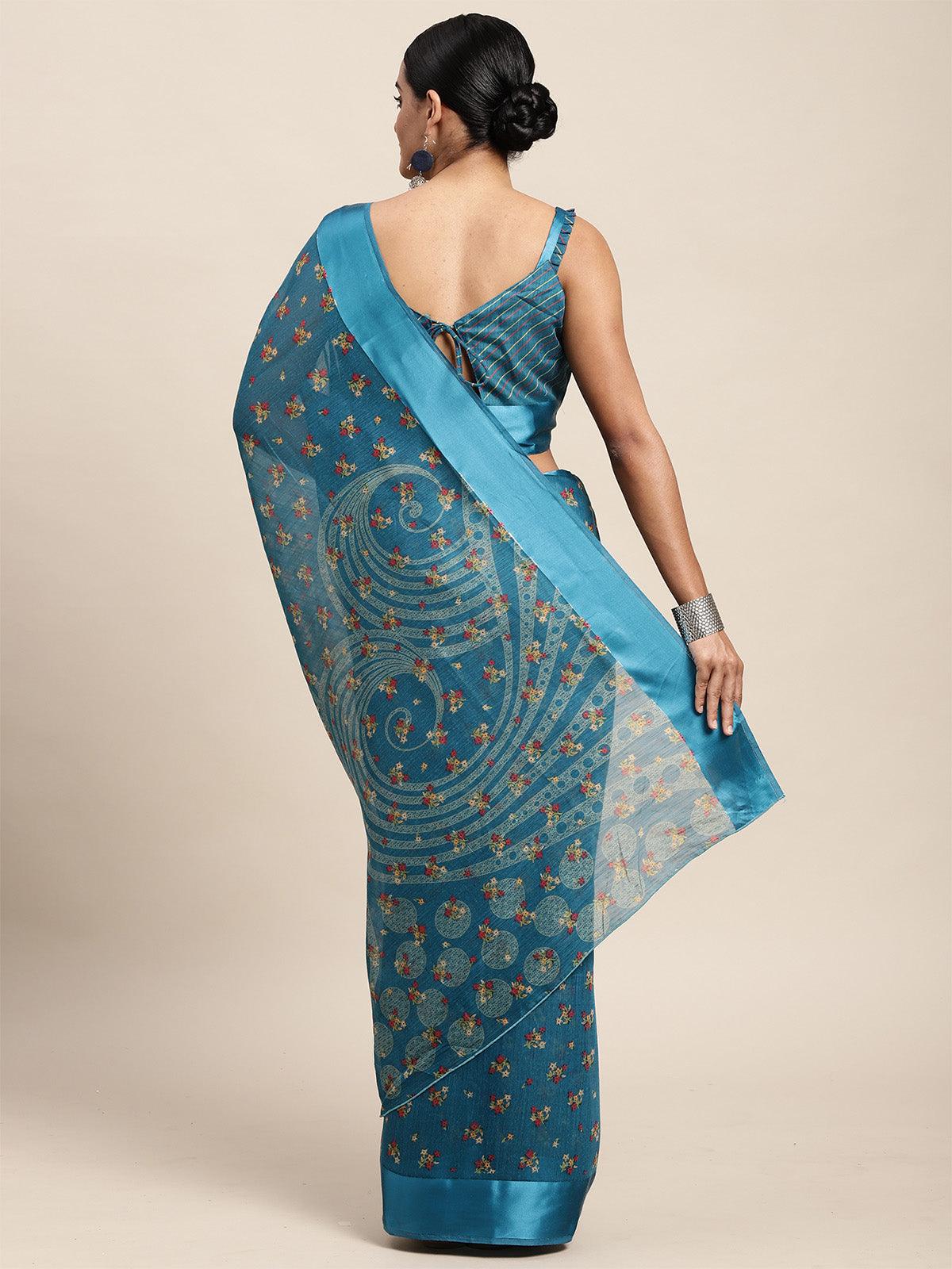 Cotton Silk Teal blue Printed Saree With Blouse Piece - Odette