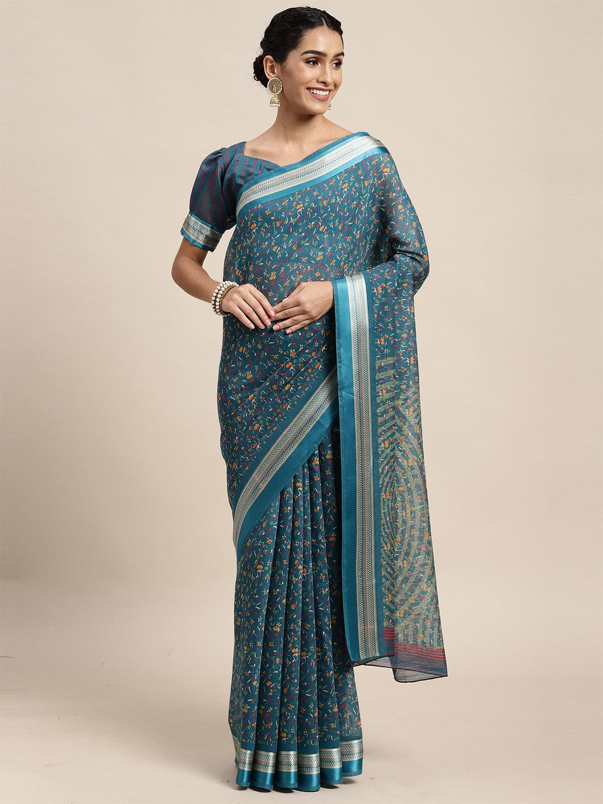 Cotton Silk Turquoise Printed Saree With Blouse Piece - Odette