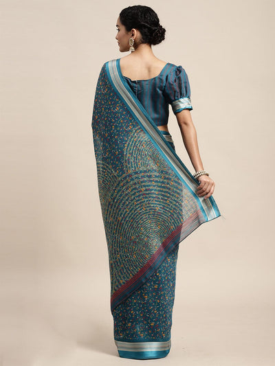 Cotton Silk Turquoise Printed Saree With Blouse Piece - Odette