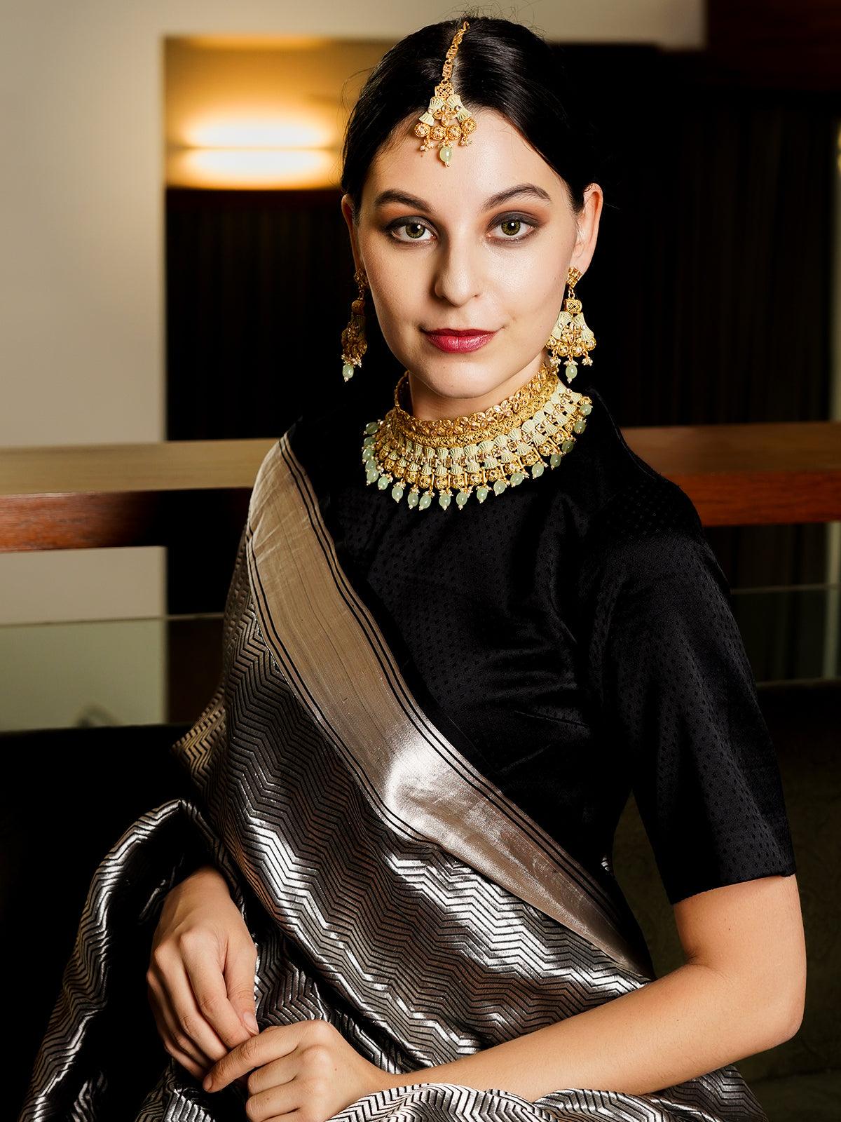 Green Choker With Saree Premium Lakshmi High Neck Choker -Green