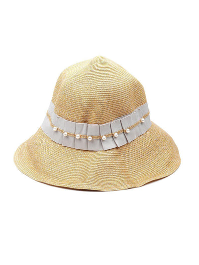 Cream colour pleated pearl-studded cloche hat - Odette