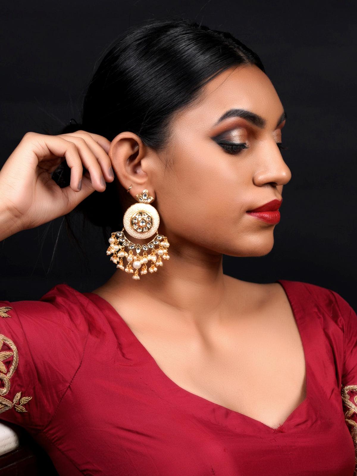 Cream Enamelled Kundan-Pearl Chandbali Earrings! - Odette