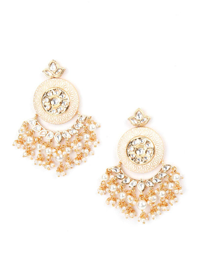 Cream Enamelled Kundan-Pearl Chandbali Earrings! - Odette