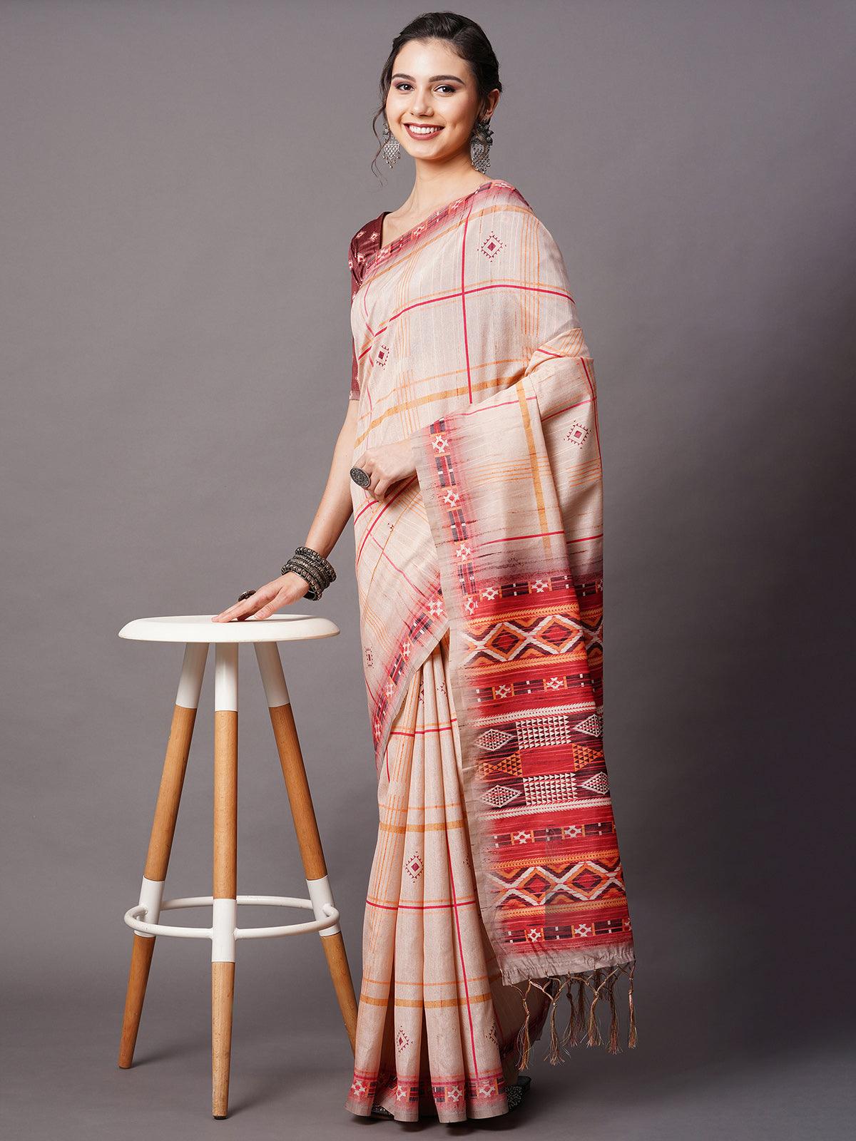 Cream Festive Bhagalpuri Silk Printed Saree With Unstitched Blouse - Odette