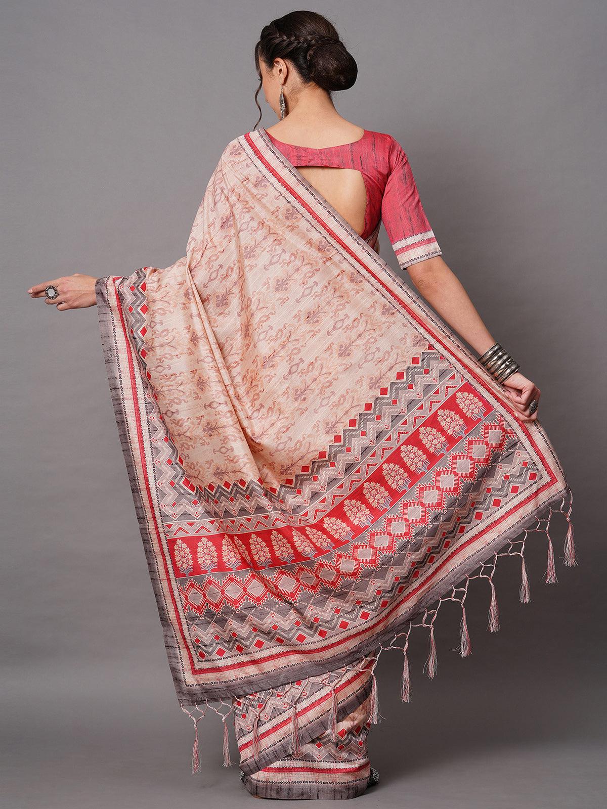 Cream Festive Bhagalpuri Silk Printed Saree With Unstitched Blouse - Odette