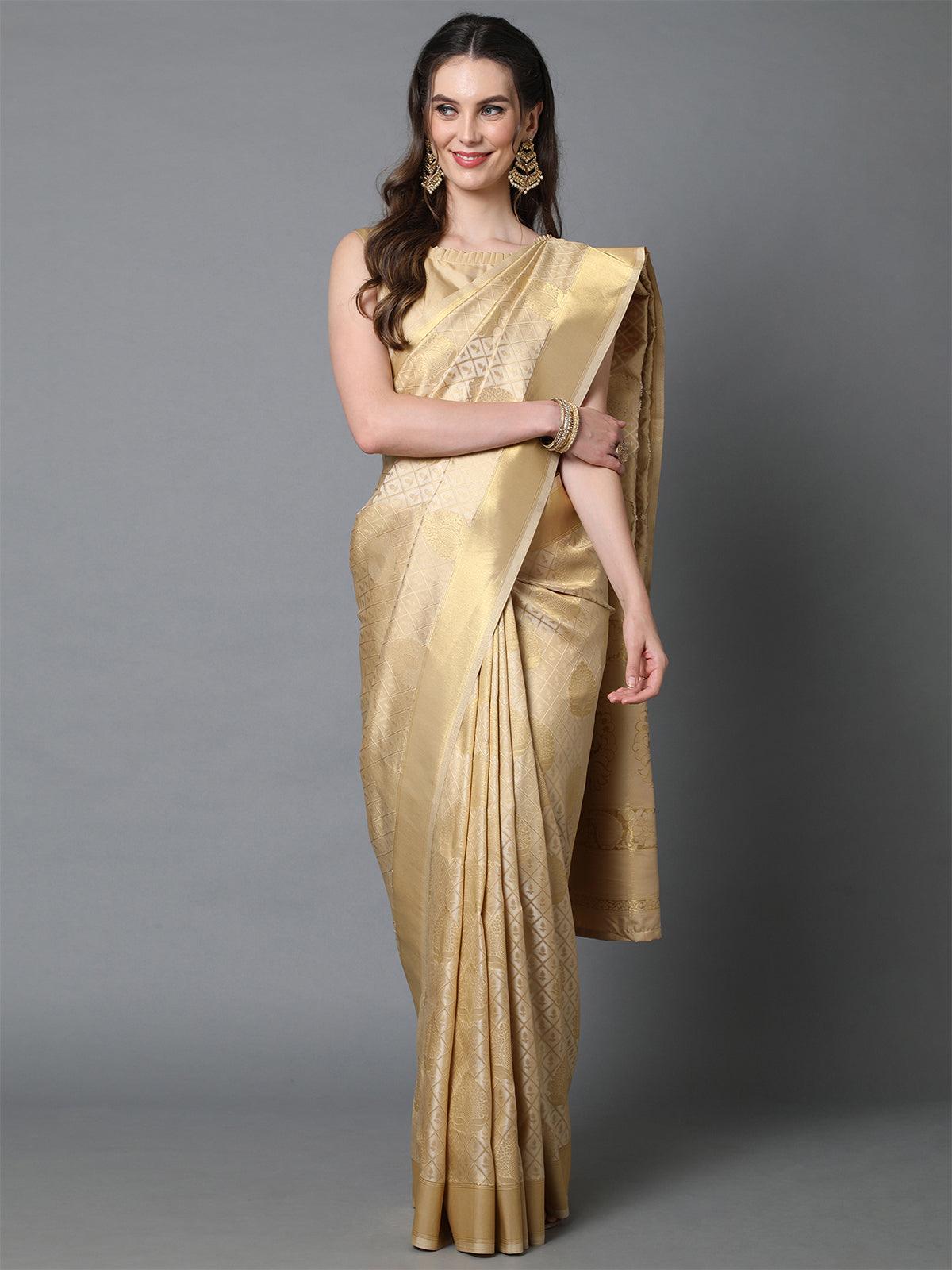 Cream Festive Kanjivaram silk Woven Design Saree With Unstitched Blouse - Odette