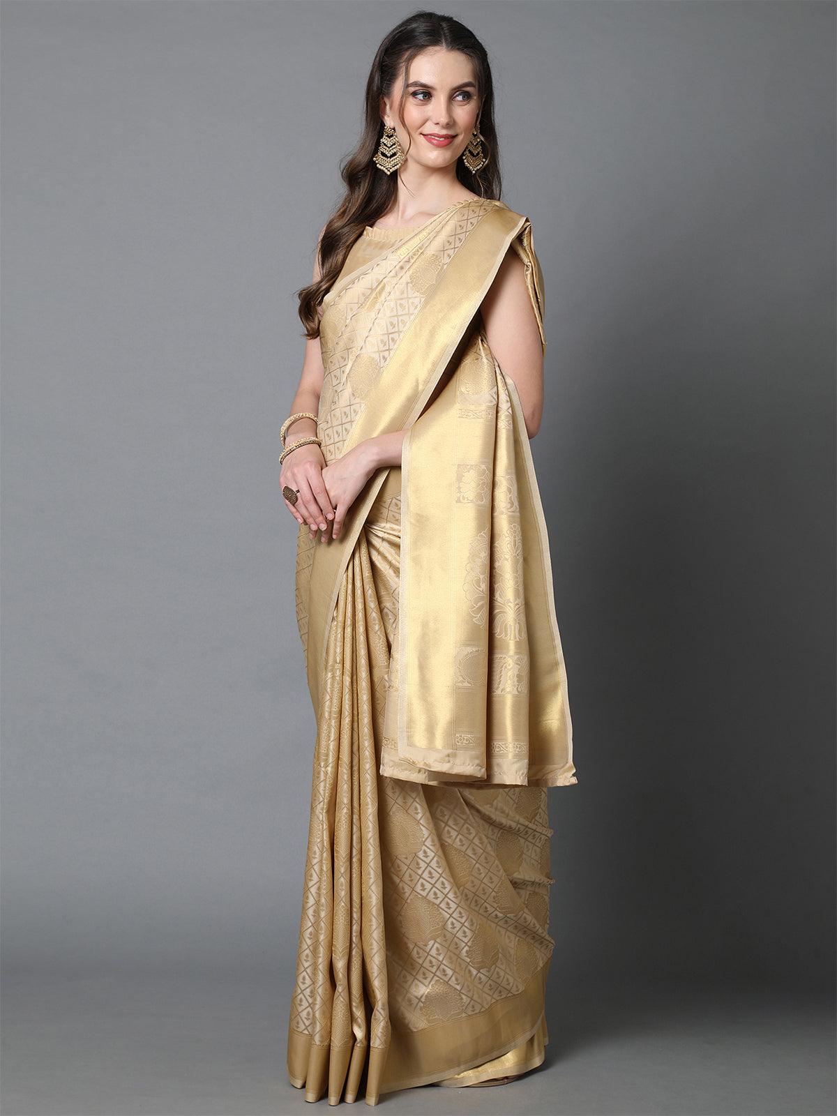Cream Festive Kanjivaram silk Woven Design Saree With Unstitched Blouse - Odette