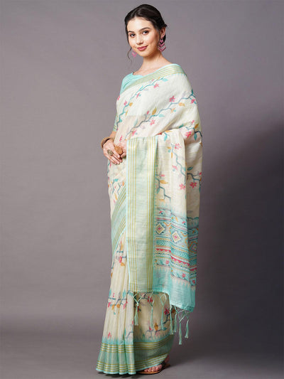 Cream Festive Linen Blend Printed Saree With Unstitched Blouse - Odette