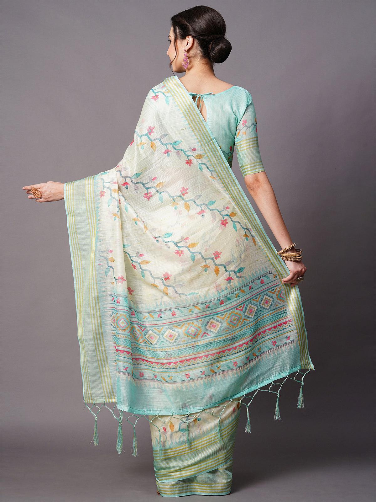 Cream Festive Linen Blend Printed Saree With Unstitched Blouse - Odette