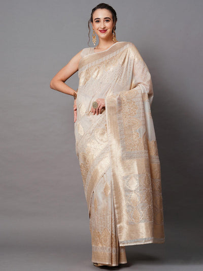 Cream Festive Silk Blend Embroidered Saree With Unstitched Blouse - Odette