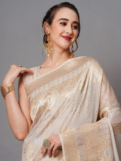 Cream Festive Silk Blend Embroidered Saree With Unstitched Blouse - Odette