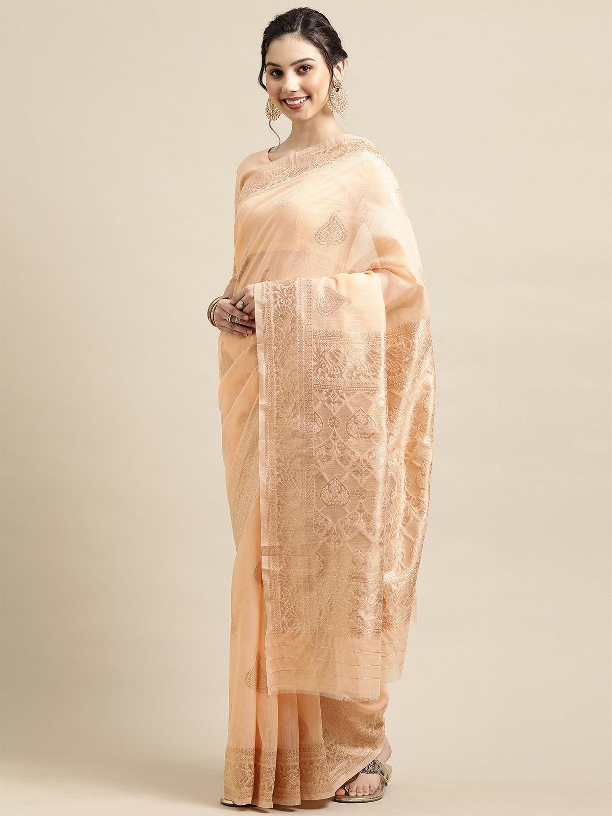 Cream Festive Silk Blend Woven Design Saree With Unstitched Blouse - Odette