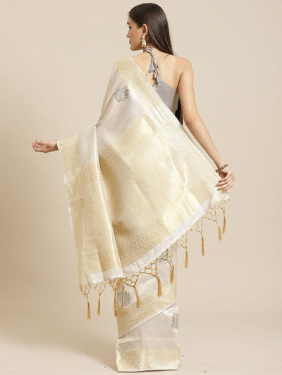 Cream Festive Silk Blend Woven Saree With Unstitched Blouse - Odette