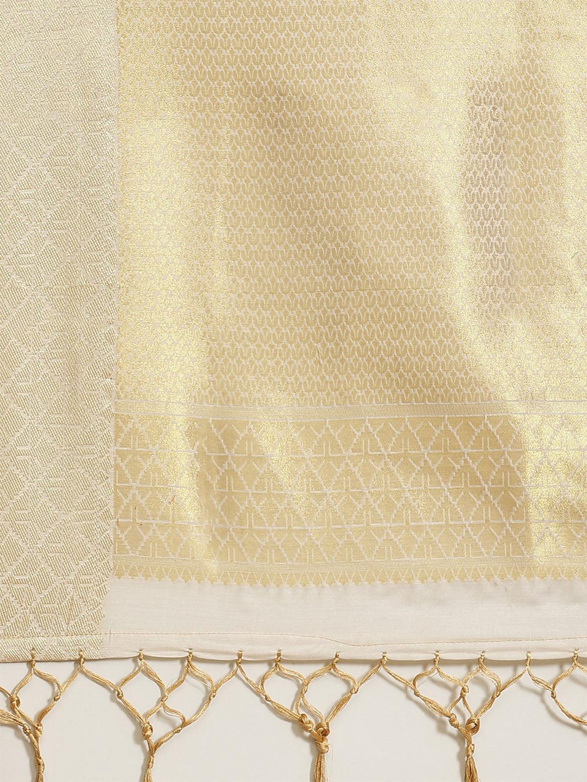 Cream Festive Silk Blend Woven Saree With Unstitched Blouse - Odette