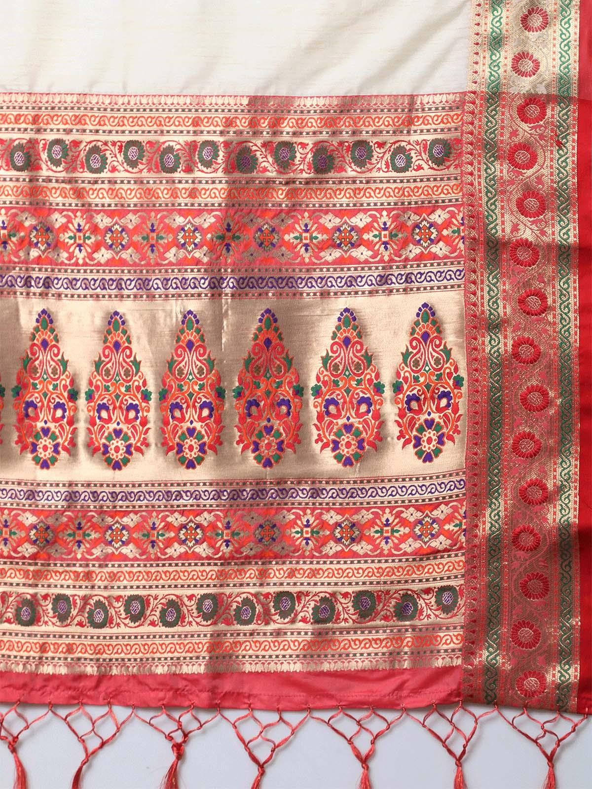 Cream Festive Tussar Silk Woven Saree With Unstitched Blouse - Odette