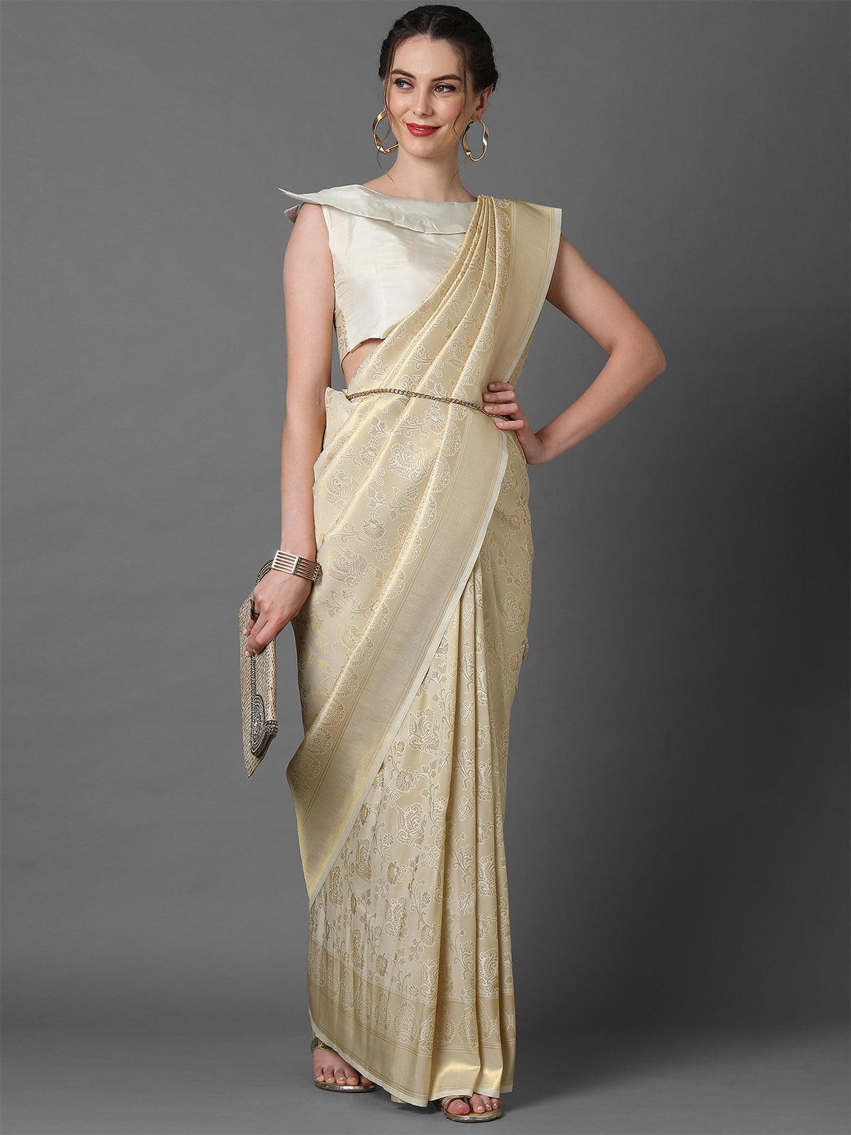 Cream Party Wear Kanjivaram silk Woven Design Saree With Unstitched Blouse - Odette