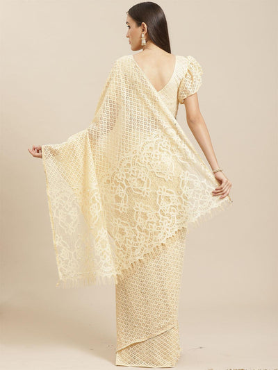Cream Party Wear Net(Super Net) Solid Saree With Unstitched Blouse - Odette